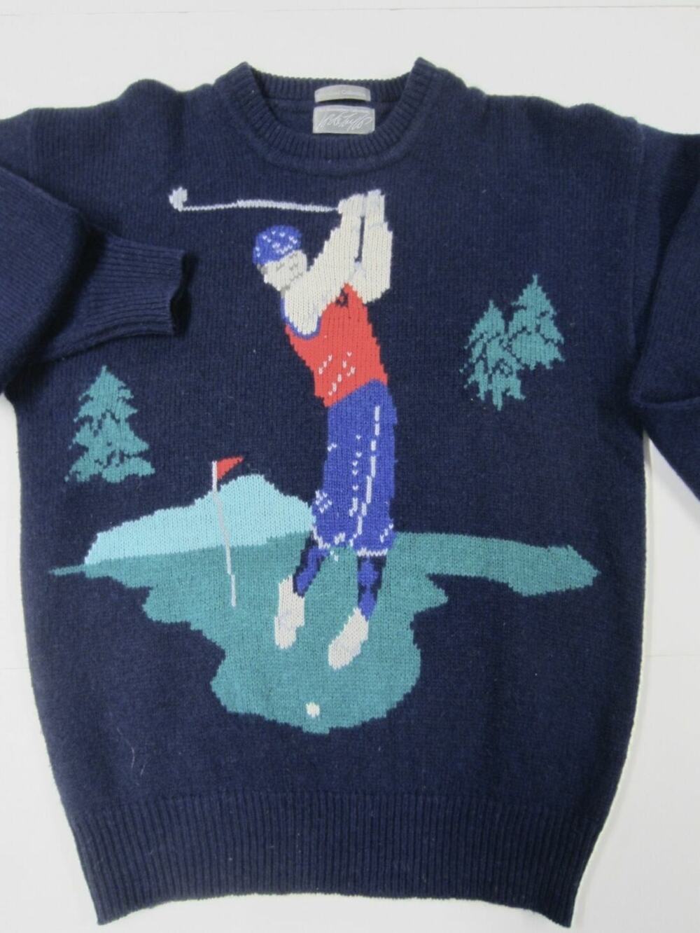 Vintage LORD & TAYLOR Navy Shetland WOOL Antique Golfer GOLF Sweater L 46"
